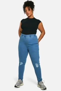 Cheap boohoo Plus Rip Knee Skinny Jegging mid blue
