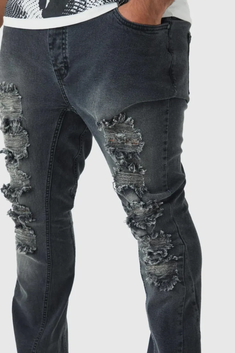Best Sale boohooMAN Plus Ripped Gusset Detail Stretch Skinny Flared Jeans washed black