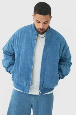 Flash Sale boohooMAN Plus Ripstop Denim Oversized Padded Bomber Jacket mid wash