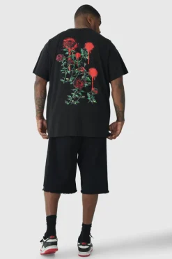 Clearance boohooMAN Plus Rose Floral Back Print T-shirt black