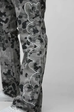 Hot boohooMAN Plus Self Applique Gusset Detail Camo Slim Fit Flared Trousers grey