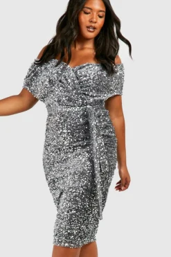 Shop boohoo Plus Sequin Off The Shoulder Wrap Midi Dress silver
