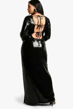 Store boohoo Plus Sequin Tie Back Maxi Column Dress black
