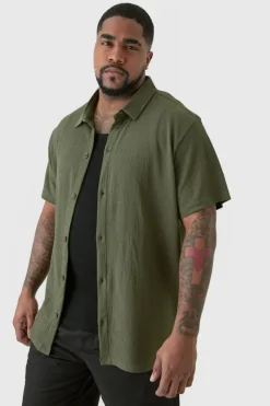 Cheap boohooMAN Plus Short Sleeve Regular Textured Shirt In khaki