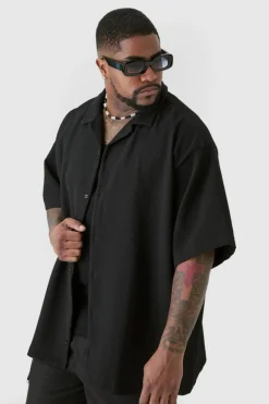 Flash Sale boohooMAN Plus Short Sleeve Revere Oversized Pleated Shirt black