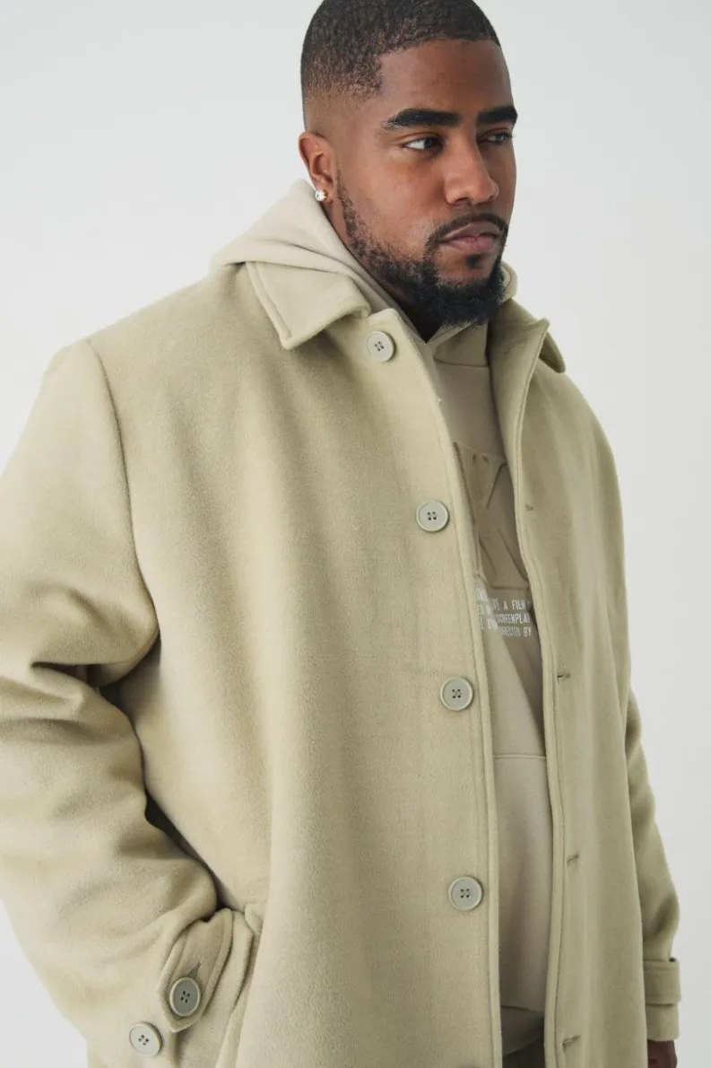 Shop boohooMAN Plus Single Breasted Collared Overcoat In sage