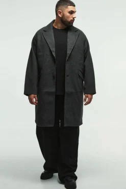 Hot boohooMAN Plus Single Breasted Overcoat In grey