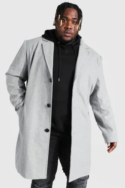 Hot boohooMAN Plus Single Breasted Wool Look Overcoat in grey