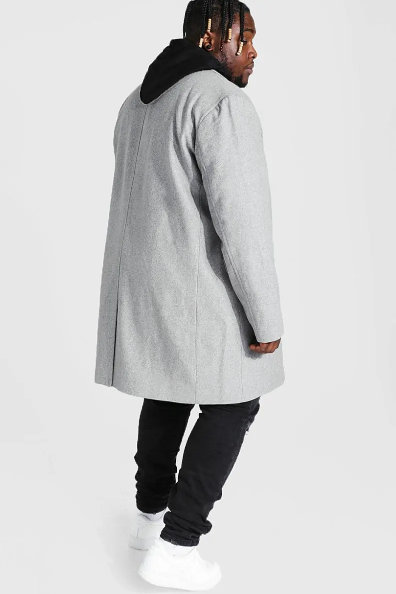 Hot boohooMAN Plus Single Breasted Wool Look Overcoat in grey