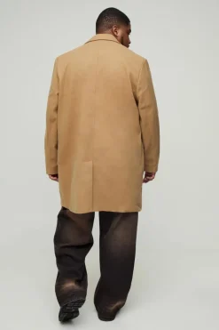 Fashion boohooMAN Plus Single Breasted Wool Look Overcoat in camel