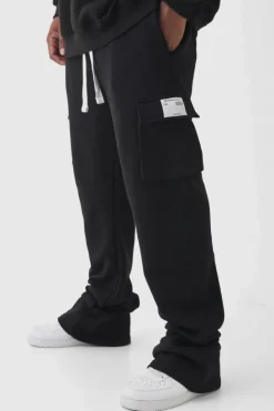 Cheap boohooMAN Plus Skinny Fit Extreme Stacked Woven Tab Cargo Jogger black