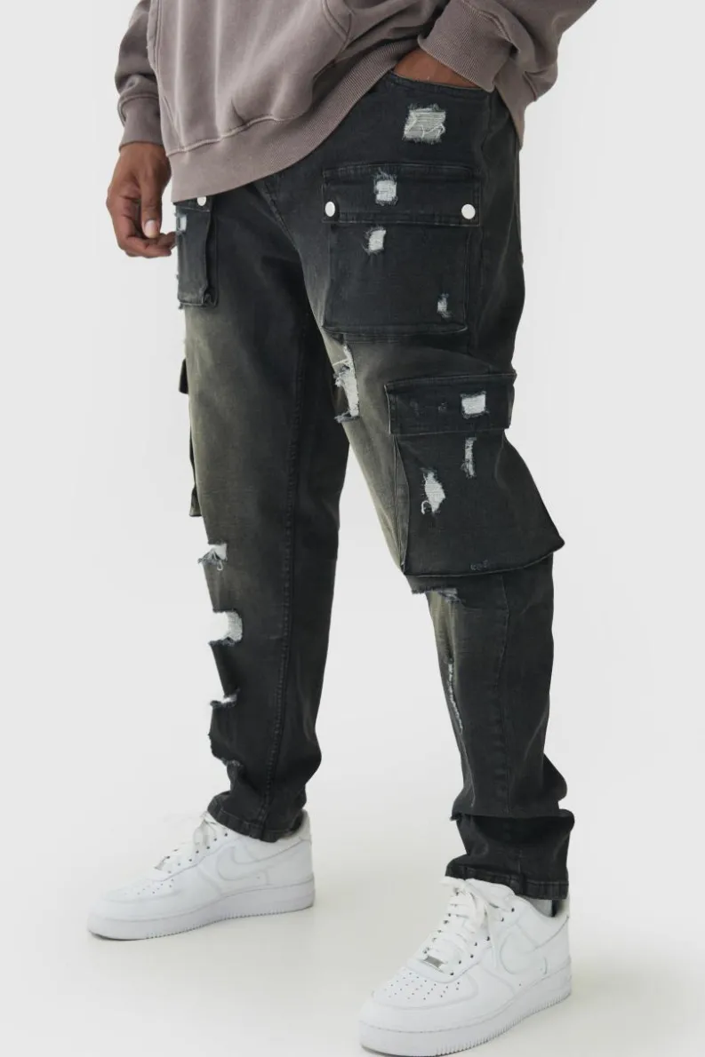 Cheap boohooMAN Plus Skinny Fit Ripped Cargo Jeans washed black