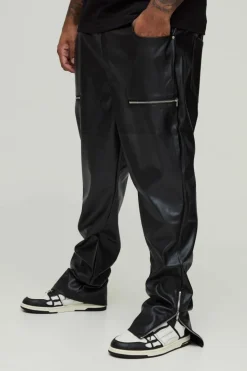 Cheap boohooMAN Plus Skinny Fit Zip Detail PU Trousers black