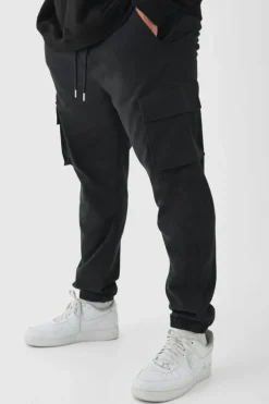 Cheap boohooMAN Plus Slim Fit Elasticated Waist Cuffed Cargo Trousers black
