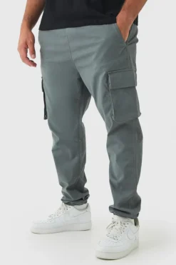 Cheap boohooMAN Plus Slim Fit Elasticated Waist Cuffed Cargo Trousers charcoal