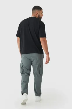 Cheap boohooMAN Plus Slim Fit Elasticated Waist Cuffed Cargo Trousers charcoal