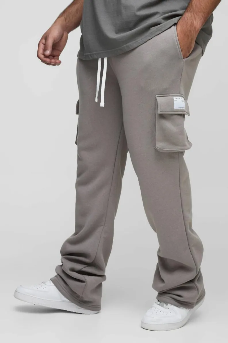 Fashion boohooMAN Plus Slim Fit Super Stacked Woven Tab Cargo Jogger charcoal