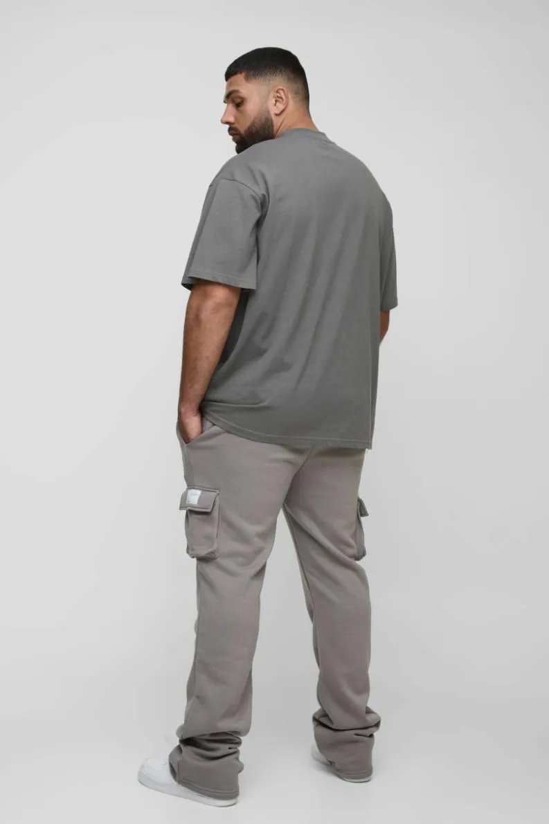 Fashion boohooMAN Plus Slim Fit Super Stacked Woven Tab Cargo Jogger charcoal