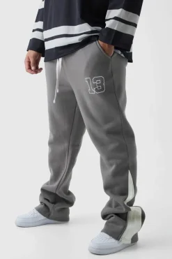 Shop boohooMAN Plus Slim Flared Varsity Gusset Jogger grey