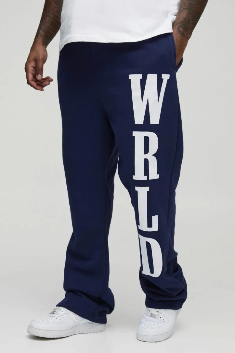 Hot boohooMAN Plus Slim Stacked Wrld Print Gusset Jogger navy