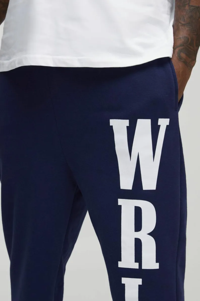 Hot boohooMAN Plus Slim Stacked Wrld Print Gusset Jogger navy