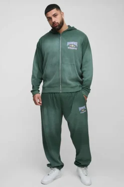 Clearance boohooMAN Plus Spray Wash Waffle Graphic Hooded Tracksuit green
