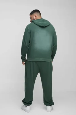 Clearance boohooMAN Plus Spray Wash Waffle Graphic Hooded Tracksuit green