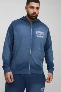 Best Sale boohooMAN Plus Spray Wash Waffle Graphic Zip Up Hoodie navy
