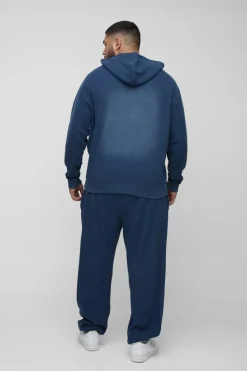 Best Sale boohooMAN Plus Spray Wash Waffle Graphic Zip Up Hoodie navy