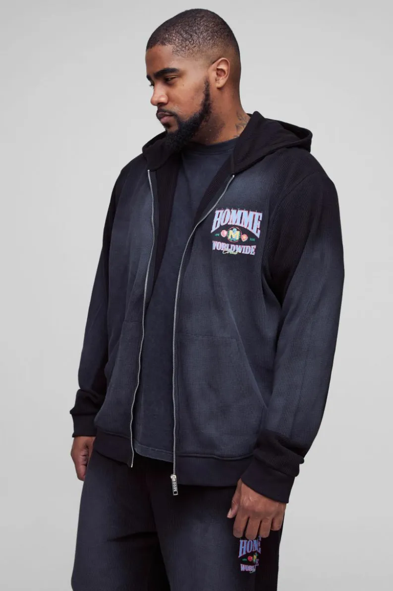 Hot boohooMAN Plus Spray Wash Waffle Graphic Zip Up Hoodie washed black