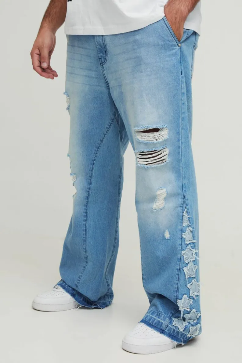 Flash Sale boohooMAN Plus Star Applique Gusset Distressed Flared Jeans antique blue