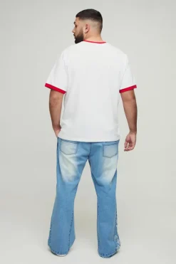 Flash Sale boohooMAN Plus Star Applique Gusset Distressed Flared Jeans antique blue