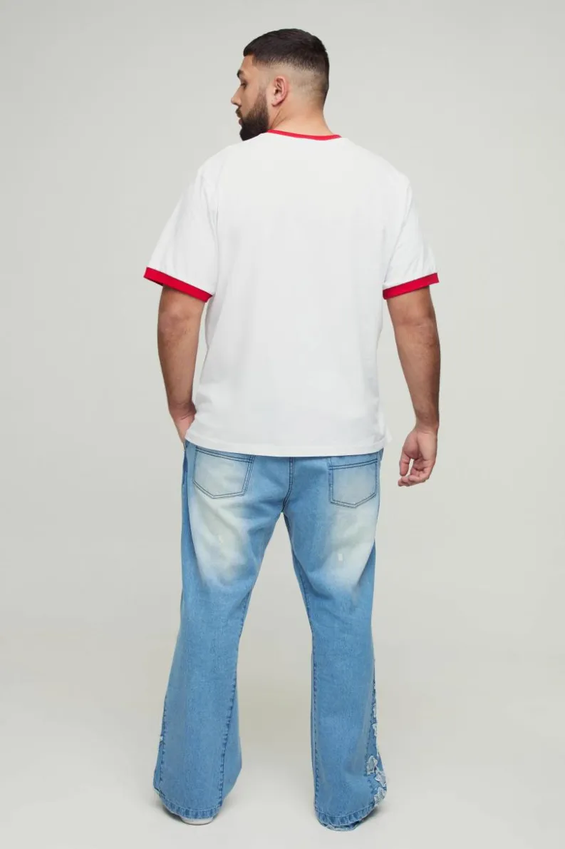 Flash Sale boohooMAN Plus Star Applique Gusset Distressed Flared Jeans antique blue