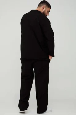 Hot boohooMAN Plus Stretch Utility Pocket Shirt and Cargo Trouser Set in black