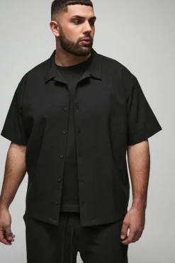 Flash Sale boohooMAN Plus Stretch Woven Boxy Revere Shirt black