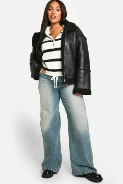 Store boohoo Plus Stripe Drawstring Zip Funnel Neck Jumper mono