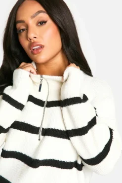 Store boohoo Plus Stripe Drawstring Zip Funnel Neck Jumper mono