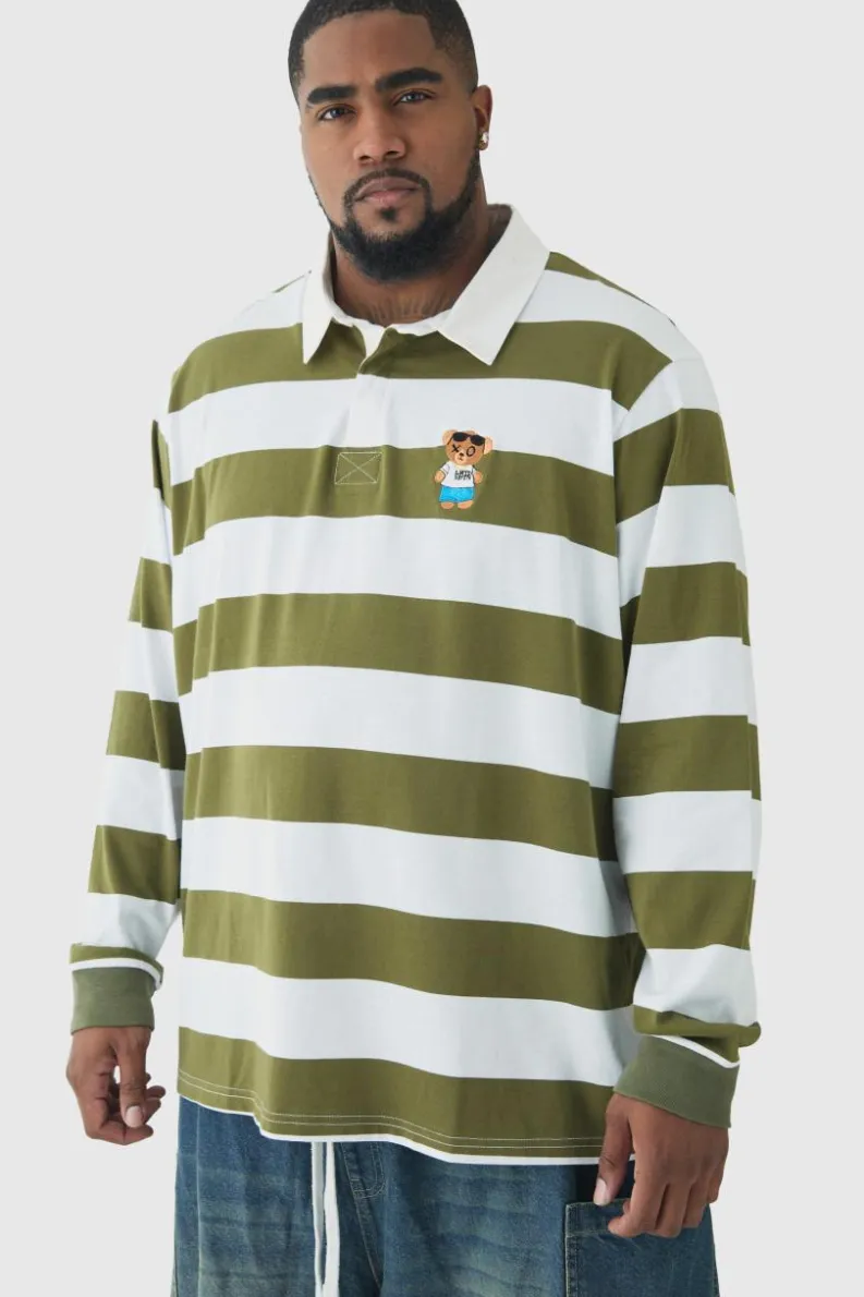 Clearance boohooMAN Plus Stripe Embroidered Rugby Polo multi