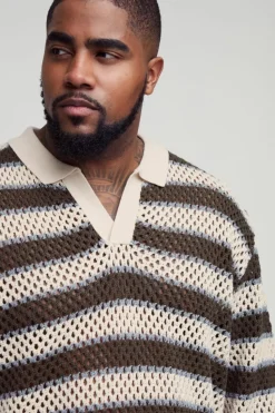 Store boohooMAN Plus Stripe Knitted Rugby Polo stone