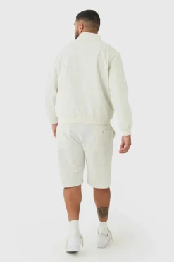 Outlet boohooMAN Plus Stripe Seersucker Funnel Neck Smart Jacket ecru