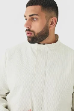 Outlet boohooMAN Plus Stripe Seersucker Funnel Neck Smart Jacket ecru