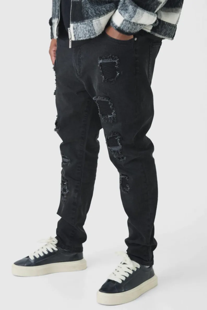 Best boohooMAN Plus Super Skinny Stretch Biker Rip & Repair Jeans in washed black