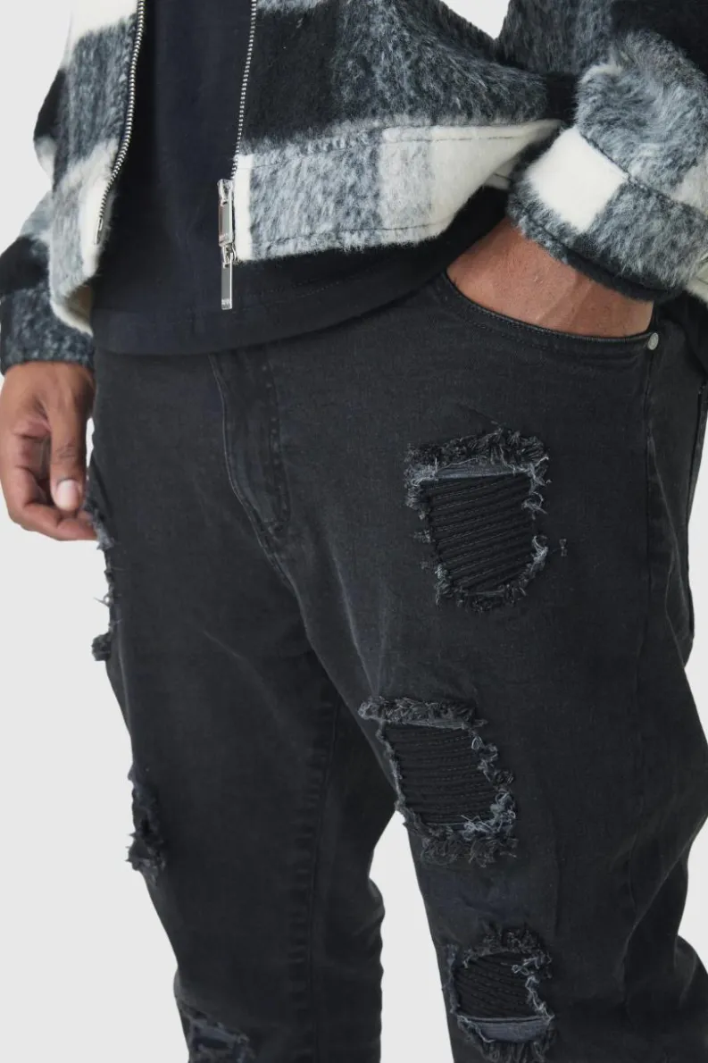 Best boohooMAN Plus Super Skinny Stretch Biker Rip & Repair Jeans in washed black