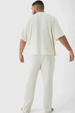 New boohooMAN Plus Supersoft Rib Oversized T-Shirt & Jogger Lounge Set in ecru
