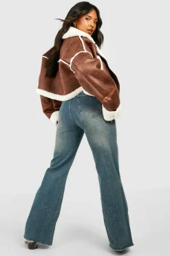Cheap boohoo Plus Teddy Trim Cropped Aviator Jacket brown