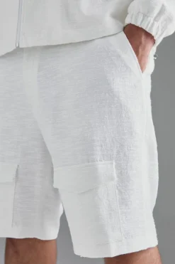 Best Sale boohooMAN Plus Textured Cotton Jacquard Smart Cargo Shorts white
