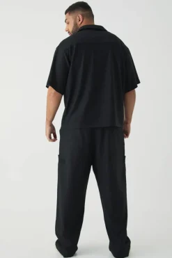 Shop boohooMAN Plus Textured Tailored Trousers black