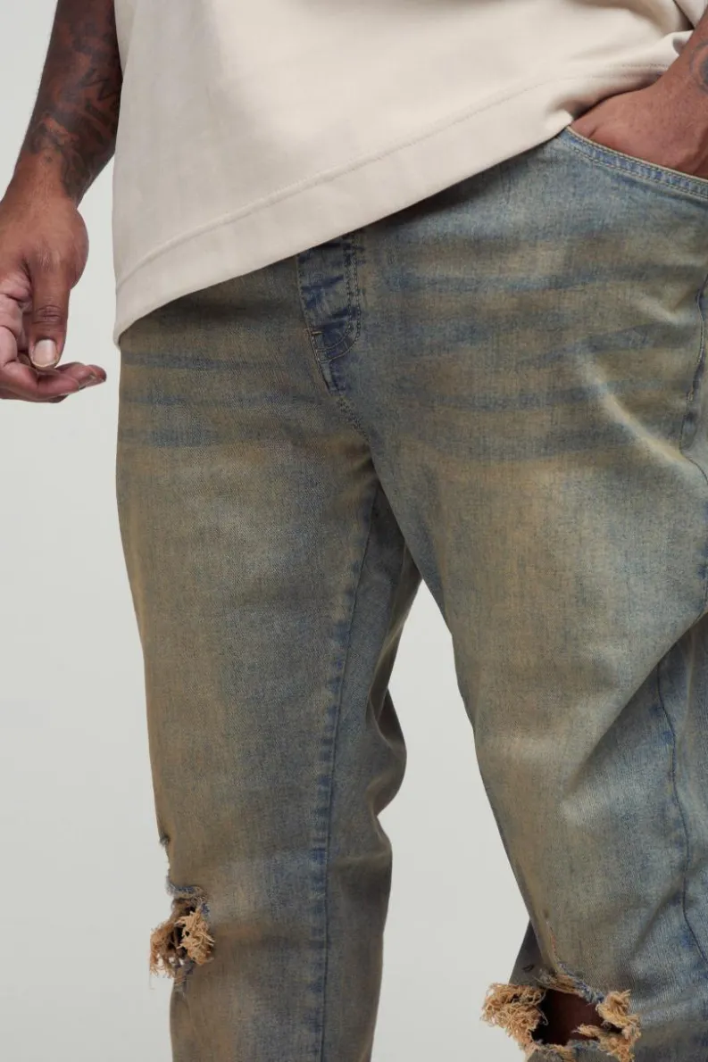 Fashion boohooMAN Plus Tinted Rip Knee Stacked Skinny Zip Hem Jeans antique wash