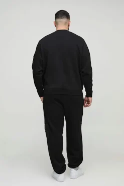 Store boohooMAN Plus Twill Utility Pocket Woven Tab Jersey Tracksuit black