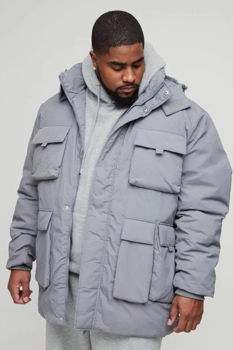 New boohooMAN Plus Utility Pocket Hooded Parka Jacket In grey